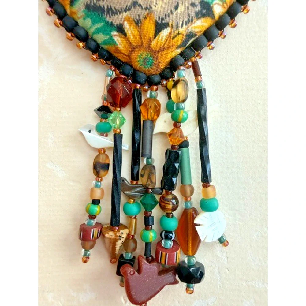 VINTAGE KITTY CAT Handmade Heart Pin BROOCH Birds Beaded Dangle Puffy Fabric ART
